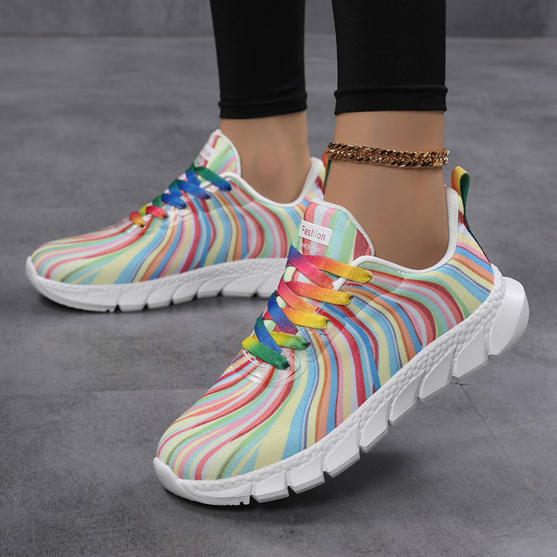 Kadın Gökkuşağı Çizgili Sneake - Knit Fabric Lace Up Sneakers incelemesi ve fiyatı